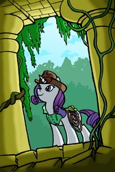 Size: 600x894 | Tagged: artist needed, source needed, safe, rarity, pony, unicorn, g4, clothes, crossover, female, hat, indiana jones, mare, rope, ruins, smiling, solo