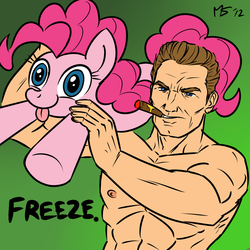 Size: 962x962 | Tagged: safe, artist:megasweet, artist:reaver, pinkie pie, human, g4, arnold schwarzenegger, cigar, male, male nipples, nipples, nudity, tongue out