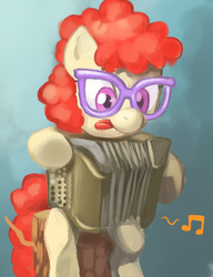 Size: 588x765 | Tagged: safe, artist:idlecum, twist, earth pony, pony, g4, accordion, female, filly, glasses, music notes, musical instrument