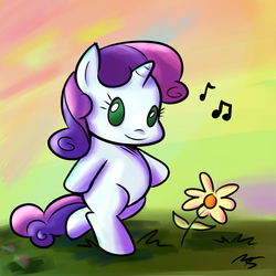 Size: 945x945 | Tagged: safe, artist:megasweet, artist:rustydooks, sweetie belle, pony, unicorn, g4, beady eyes, bipedal, cute, diasweetes, female, flower, music notes, smarty belle, solo