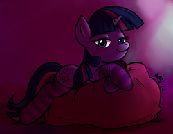 Size: 1155x892 | Tagged: safe, artist:megasweet, artist:rustydooks, twilight sparkle, pony, unicorn, g4, clothes, colored, female, grin, looking at you, mare, prone, smiling, socks, solo, striped socks, unicorn twilight
