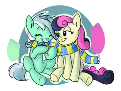 Size: 803x600 | Tagged: safe, artist:carnifex, artist:rustydooks, bon bon, lyra heartstrings, sweetie drops, earth pony, pony, unicorn, g4, clothes, eyes closed, female, lesbian, mare, scarf, shared clothing, shared scarf, ship:lyrabon, shipping