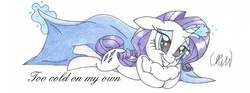 Size: 850x315 | Tagged: safe, artist:ethereal-desired, rarity, pony, g4, blanket, female, glowing horn, grin, horn, hug, magic, pillow, pillow hug, smiling, solo, telekinesis, traditional art