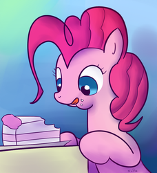 Size: 932x1024 | Tagged: safe, artist:nasse, artist:rustydooks, pinkie pie, earth pony, pony, g4, cake, eating, female, food, gradient background, licking lips, mare, puffy cheeks, smiling, solo, tongue out