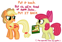 Size: 1469x992 | Tagged: safe, artist:soup, apple bloom, applejack, carrot top, golden harvest, g4, apple jacks, cereal, heresy, namesake, pun, simple background, transparent background, visual pun