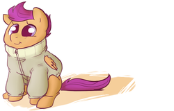 Size: 571x365 | Tagged: safe, artist:php27, artist:rustydooks, scootaloo, pegasus, pony, g4, clothes, female, filly, foal, hooves, jacket, sitting, smiling, solo, wings