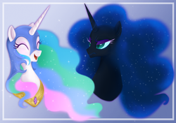 Size: 639x449 | Tagged: safe, artist:mn27, nightmare moon, princess celestia, alicorn, pony, g4, accessory theft