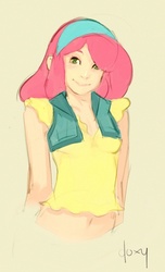 Size: 514x843 | Tagged: safe, artist:doxy, apple bloom, human, g4, clothes, female, humanized, light skin, midriff, simple background, smiling, solo