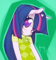 Size: 800x862 | Tagged: safe, artist:doxy, twilight sparkle, unicorn, anthro, g4, clothes, female, long hair, mare, solo, starry eyes, wingding eyes