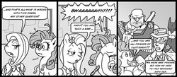 Size: 900x394 | Tagged: safe, artist:madmax, angel bunny, fluttershy, pinkie pie, rarity, human, pegasus, pony, unicorn, g4, suited for success, /co/nrad, batman, comic, crying, glasses, grayscale, heavy weapons guy, monochrome, rarity's glasses, team fortress 2