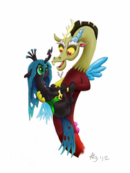 Size: 768x1024 | Tagged: safe, artist:a8702131, discord, queen chrysalis, changeling, changeling queen, g4, female, male, ship:discolis, shipping, simple background, straight, white background