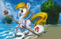 Size: 2362x1500 | Tagged: source needed, safe, artist:changeunism, derpy hooves, pegasus, pony, g4, beach, cast away, crossover, female, island, mare, muffin, ocean, open mouth, solo, spear, tongue out, volleyball, water, wilson (cast away)
