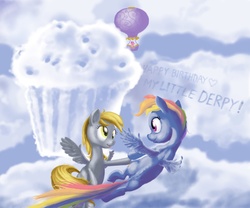 Size: 3000x2500 | Tagged: safe, artist:changeunism, derpy hooves, pinkie pie, rainbow dash, pegasus, pony, g4, cloud, cloudy, female, flying, heart, high res, hot air balloon, mare, muffin