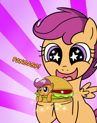 Size: 494x628 | Tagged: safe, scootaloo, pegasus, pony, g4, exploitable meme, fangasp meme, female, filly, foal, meme, sandwich, scootaburger, self paradox, self ponidox, wat