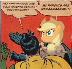 Size: 400x387 | Tagged: safe, applejack, g4, batman, meme, my parents are dead, robin, slap