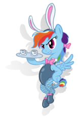 Size: 472x768 | Tagged: safe, artist:changeunism, rainbow dash, pony, g4, bunny ears, bunny suit, clothes, female, fishnet stockings, leotard, simple background, solo, stockings, tea, transparent background, waitress