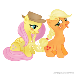 Size: 640x640 | Tagged: safe, artist:bri-sta, artist:martybpix, applejack, fluttershy, earth pony, pegasus, pony, g4, accessory swap, blushing, braid, colored, female, lesbian, mare, ship:appleshy, shipping, simple background, tongue out, transparent background