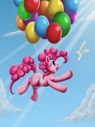 Size: 637x850 | Tagged: safe, artist:ryuza, pinkie pie, bird, dove, g4, balloon, cloud, cloudy, then watch her balloons lift her up to the sky