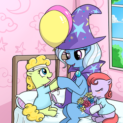 Size: 1000x1000 | Tagged: safe, artist:madmax, trixie, earth pony, pony, unicorn, g4, balloon, bed, female, filly, flower, foal, hospital