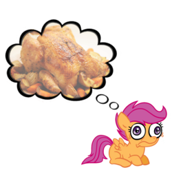 Size: 1000x1000 | Tagged: artist needed, safe, scootaloo, chicken, pegasus, pony, g4, cooked, female, filly, nightmare, scootachicken, simple background, solo, transparent background
