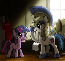 Size: 900x841 | Tagged: safe, artist:johnjoseco, shining armor, twilight sparkle, pony, unicorn, g4, armor, clothes, colt, colt shining armor, cute, female, filly, filly twilight sparkle, foal, helmet, male, open mouth, open smile, oversized clothes, salute, smiling, twiabetes, younger