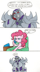 Size: 672x1189 | Tagged: safe, artist:thedarklordkeisha, pinkie pie, g4, annoyed, armchair, chair, comic, dan vs, half-lidded eyes, happy, hot nuts, megatron, meme origin, phone, reference to another series, sad, simple background, smiling, speech bubble, stop calling me, teeth, transformers, transformers prime, white background