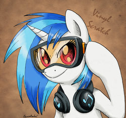 Size: 1024x954 | Tagged: safe, artist:eeveetachi, dj pon-3, vinyl scratch, pony, unicorn, g4, female, goggles, headphones, mare, solo