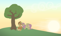 Size: 1000x600 | Tagged: safe, artist:bux, applejack, fluttershy, g4, female, kissing, lesbian, mare, ship:appleshy, shipping, tree