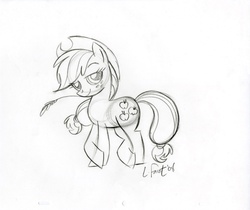 Size: 572x480 | Tagged: safe, artist:lauren faust, applejack, earth pony, pony, g4, behind the scenes, color me, concept art, female, monochrome, solo