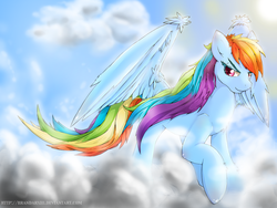 Size: 1120x840 | Tagged: safe, artist:brandarxiii, rainbow dash, pony, g4, cloud, cloudy, female, flying, solo