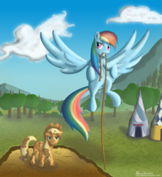 Size: 1680x1843 | Tagged: safe, artist:aerostheunsure, applejack, rainbow dash, earth pony, pegasus, pony, fall weather friends, g4, my little pony: friendship is magic, duo, duo female, female, flying, mare, mouth hold, mud, rope, scene interpretation