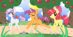 Size: 900x468 | Tagged: safe, artist:neomen12, apple bloom, scootaloo, sweetie belle, earth pony, pegasus, pony, unicorn, g4, apple, blushing, cutie mark crusaders, female, filly, foal, food, trio