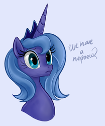 Size: 483x579 | Tagged: dead source, safe, artist:mn27, princess luna, alicorn, pony, g4, bust, female, implied prince blueblood, mare, portrait, s1 luna, simple background, solo, text, white background