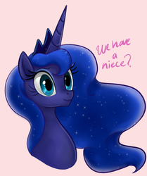 Size: 483x579 | Tagged: dead source, safe, artist:mn27, princess luna, alicorn, pony, g4, bust, female, implied princess cadance, mare, portrait, simple background, solo, text