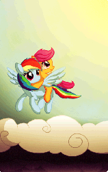 Size: 430x678 | Tagged: safe, artist:twodeepony, rainbow dash, scootaloo, pegasus, pony, g4, animated, blank flank, cloud, female, filly, flapping, flapping wings, flying, foal, gif, mare, ponies riding ponies, riding, scootaloo riding rainbow dash, sky, smiling, spread wings, sun, wings