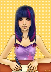 Size: 818x1158 | Tagged: safe, artist:poppeto, twilight sparkle, human, g4, humanized, ribbon, solo, spaghetti strap