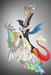 Size: 2310x3355 | Tagged: safe, artist:frankilew, discord, princess celestia, pony, g4, bipedal, clothes, dancing, dress, duo, earring, eyes closed, female, floppy ears, high res, male, open mouth, phantom of the opera, ship:dislestia, shipping, smiling, spread wings, straight, tango, wide eyes, wink