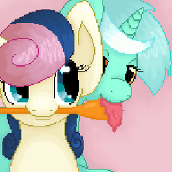 Size: 300x300 | Tagged: safe, artist:robynne, lyra heartstrings, pony, unicorn, g4, female, lesbian, mare, pixel art, ship:lyrabon, shipping