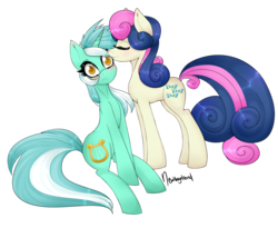 Size: 2251x1845 | Tagged: safe, artist:newvagabond, bon bon, lyra heartstrings, sweetie drops, g4, blushing, female, lesbian, mare, ship:lyrabon, shipping, simple background, transparent background