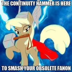 Size: 522x520 | Tagged: safe, mjölna, pony, g4, canon, continuity hammer, crossover, fanon, image macro, mouth hold, solo, thor, weapon