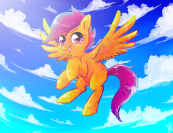 Size: 1300x1000 | Tagged: dead source, safe, artist:dotoriii, scootaloo, pegasus, pony, g4, blank flank, cloud, female, filly, flying, foal, hooves, scootaloo can fly, sky, smiling, solo, spread wings, teeth, wings