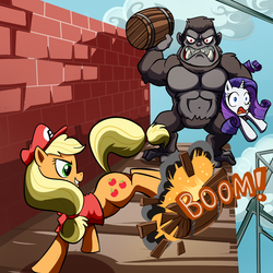 Size: 1000x1000 | Tagged: safe, artist:madmax, applejack, rarity, gorilla, g4, barrel, brick wall, bucking, clothes, cloud, cosplay, crossover, donkey kong, donkey kong (arcade), donkey kong (series), female, hat, male, mario, platformer, super mario bros.