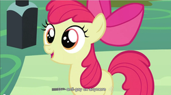 Size: 854x475 | Tagged: safe, screencap, apple bloom, earth pony, pony, g4, season 2, the cutie pox, apple bloom's bow, bow, caption, female, filly, foal, hair bow, outdoors, smiling, solo, text, youtube caption