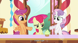 Size: 852x471 | Tagged: safe, screencap, apple bloom, scootaloo, sweetie belle, earth pony, pegasus, pony, unicorn, g4, season 2, the cutie pox, apple bloom's bow, bow, counter, cupcake, cutie mark crusaders, female, filly, foal, food, frosting, frown, hair bow, hub logo, indoors, smiling, sugarcube corner, table, the hub, trio, youtube caption