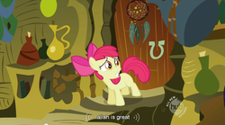 Size: 853x473 | Tagged: safe, edit, edited screencap, screencap, apple bloom, earth pony, pony, g4, season 2, the cutie pox, apple bloom's bow, bottle, bow, caption, chipped tooth, door, dreamcatcher, female, filly, foal, hair bow, hub logo, interior, islam, jug, meme, solo, teeth, text, the hub, worried, youtube caption, zecora's hut