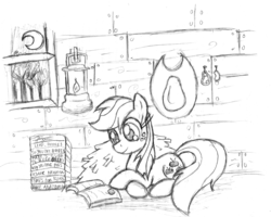 Size: 2152x1720 | Tagged: safe, artist:leadhooves, applejack, earth pony, pony, g4, barn, book, female, hay, monochrome, night, prone, reading, solo