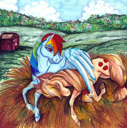 Size: 900x902 | Tagged: safe, artist:segdavinci, applejack, rainbow dash, earth pony, pegasus, pony, g4, female, hay, lesbian, mare, realistic, ship:appledash, shipping