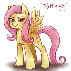 Size: 900x900 | Tagged: safe, artist:dotoriii, fluttershy, pegasus, pony, g4, female, looking at you, mare, name, smug, solo, spread wings, standing, three quarter view, wings