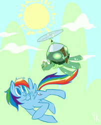 Size: 1300x1600 | Tagged: safe, artist:dotoriii, rainbow dash, tank, g4, duo, female, flying, mountain, pet, sun