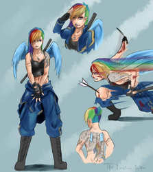 Size: 1068x1200 | Tagged: safe, artist:sundown, rainbow dash, human, g4, arrow, arrow in the knee, female, humanized, injured, katana, motion blur, sword, tattoo, weapon, winged humanization